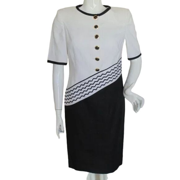 LOUIS FERAUD Dress, 8, Linen, Black/Off-White, Accented Waist, Logo Buttons - Picture 1 of 13